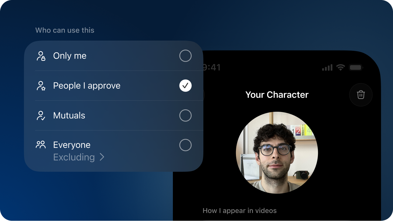 Screenshot of character privacy settings showing who can use your character: Only me, People I approve, Mutuals, or Everyone.